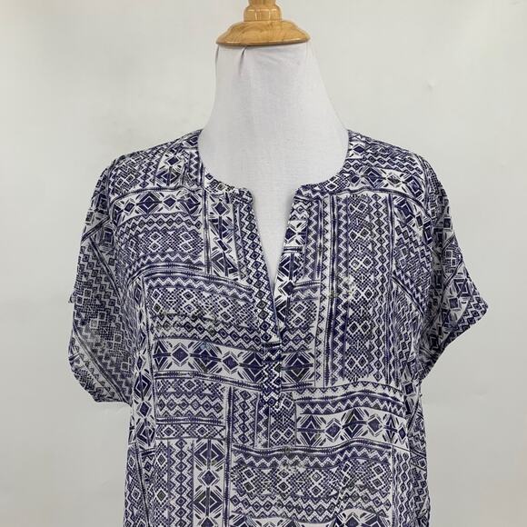 J Jill Blouse Women S Small Multi Split Neck Geometric Short Sleeve Sheer Tunic - Picture 3 of 12